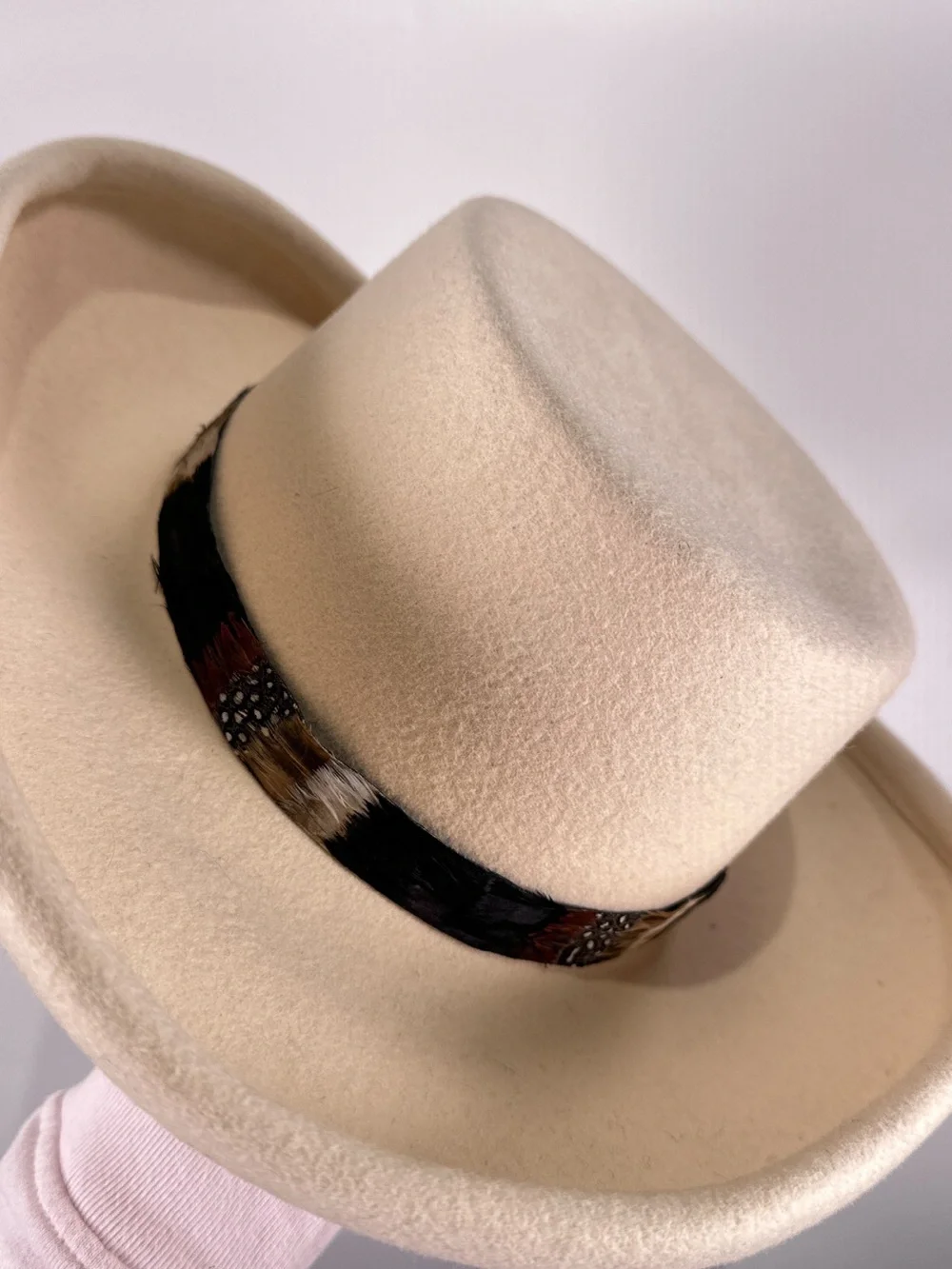 Importina Flat Crown Hat Rolled Brim Feather Band Wool Felt Cream OS